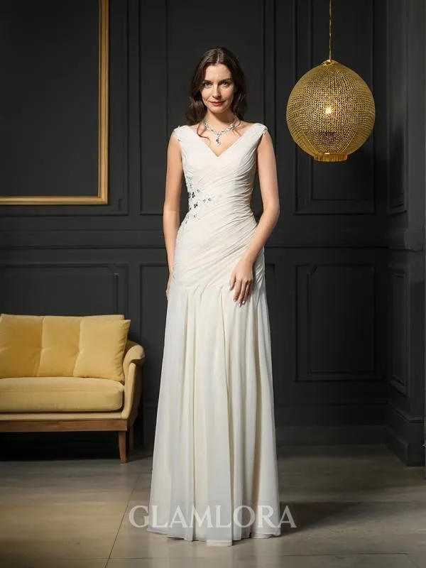 Sheath/Column V-Neck Sleeveless Floor-Length Stylish Chiffon Mother of the Bride Dress With Beading
