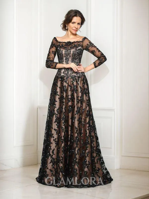 Refined A-line Off-the-Shoulder 3/4 Sleeves Court Train Satin Mother of the Bride Dress With Lace