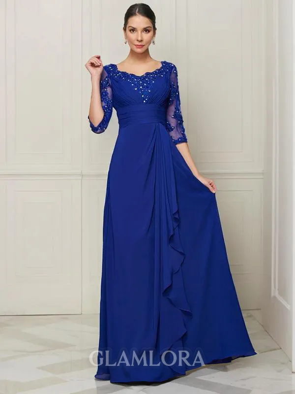 A-line Scoop Flattering 3/4 Sleeves Floor-Length Chiffon Mother of the Bride Dress With Lace