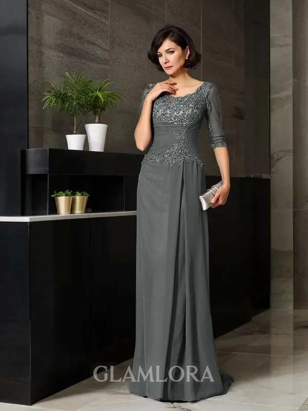 A-line Scoop 1/2 Sleeves Sweep Train Glamorous Chiffon Mother of the Bride Dress With Beading