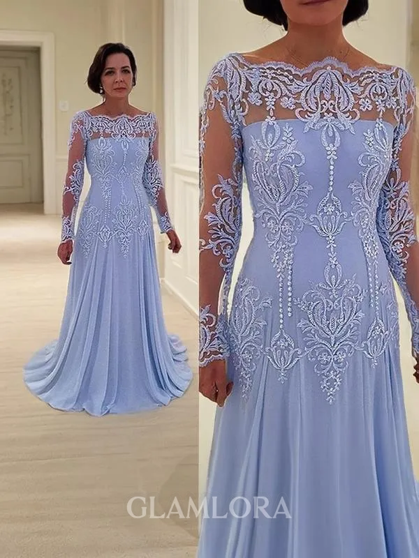 A-line Scoop Long Sleeves Sweep Train Understated Chiffon Mother of the Bride Dress