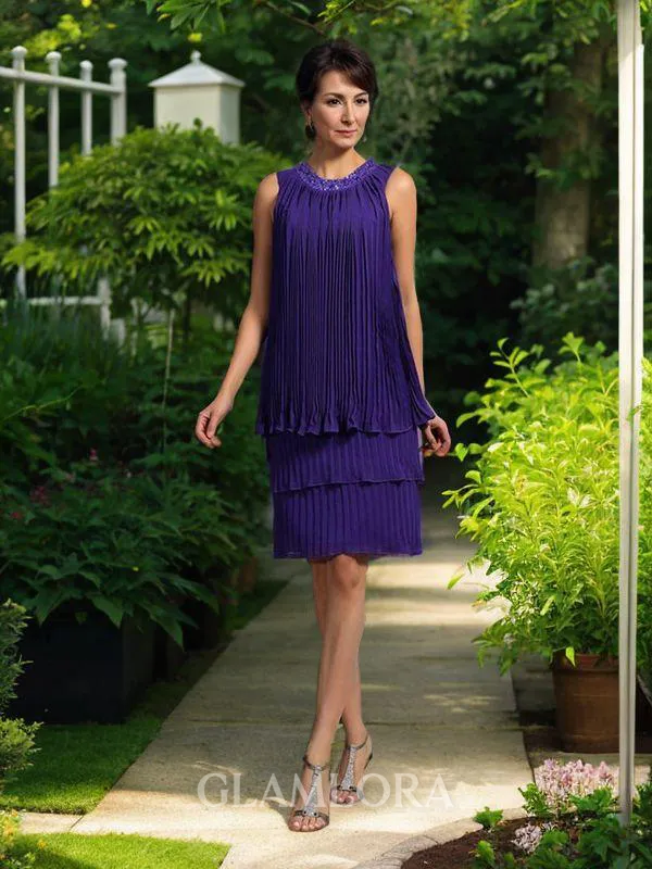 Radiant A-line Jewel Sleeveless Knee-Length Chiffon Mother of the Bride Dress With Pleats
