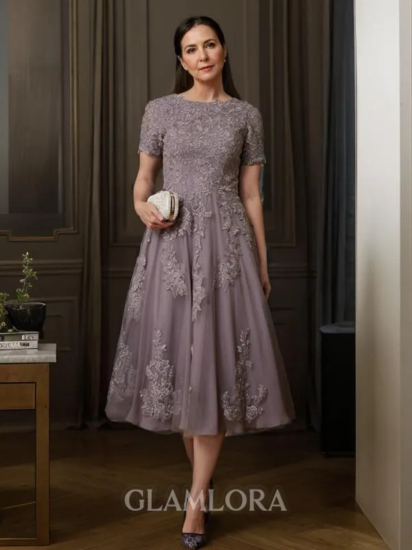 A-line Resplendent Scoop Short Sleeves Tea-Length Chiffon Mother of the Bride Dress