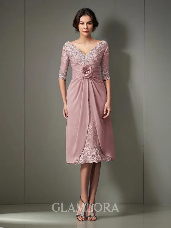 A-line V-Neck Impeccable 1/2 Sleeves Tea-Length Lace Mother of the Bride Dress With Hand-Made Flower