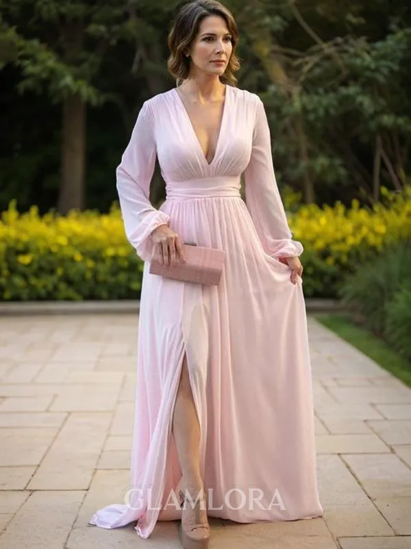 A-line V-Neck Long Sleeves Gracious Sweep Train Chiffon Mother of the Bride Dress