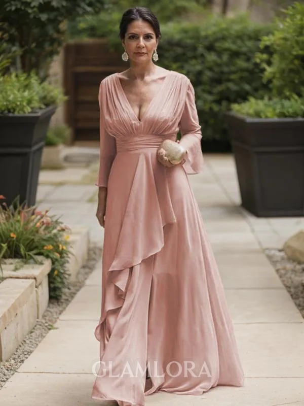 A-line V-Neck Long Sleeves Floor-Length Stunning Chiffon Mother of the Bride Dress