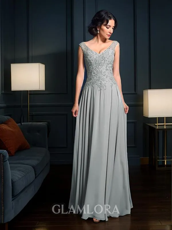 A-line V-Neck Sleeveless Floor-Length Polished Chiffon Mother of the Bride Dress With Beading