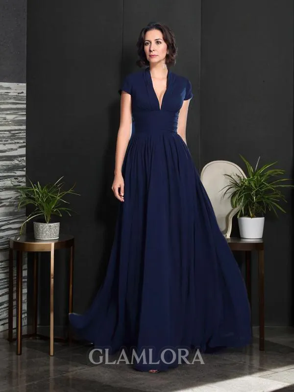 Immaculate A-line V-Neck Short Sleeves Floor-Length Chiffon Mother of the Bride Dress With Applique