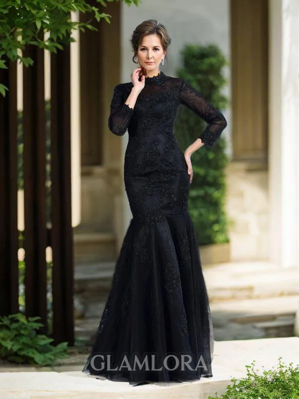 Trumpet/Mermaid Charming High Neck Long Sleeves Floor-Length Tulle Mother of the Bride Dress With Applique
