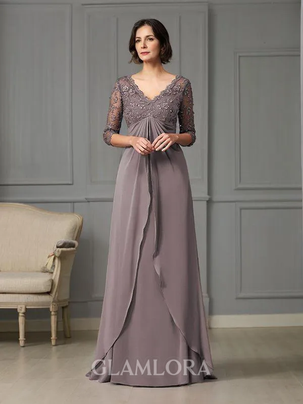 A-line V-Neck 3/4 Sleeves Floor-Length Chiffon Tasteful Mother of the Bride Dress With Lace