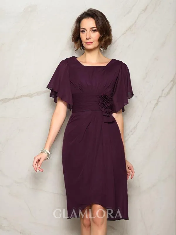 Gorgeous A-line Square Short Sleeves Knee-Length Chiffon Mother of the Bride Dress With Hand-Made Flower