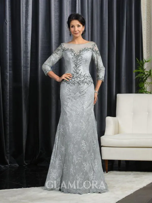 Trumpet/Mermaid Bateau 3/4 Sleeves Sophisticated Sweep Train Lace Mother of the Bride Dress With Beading