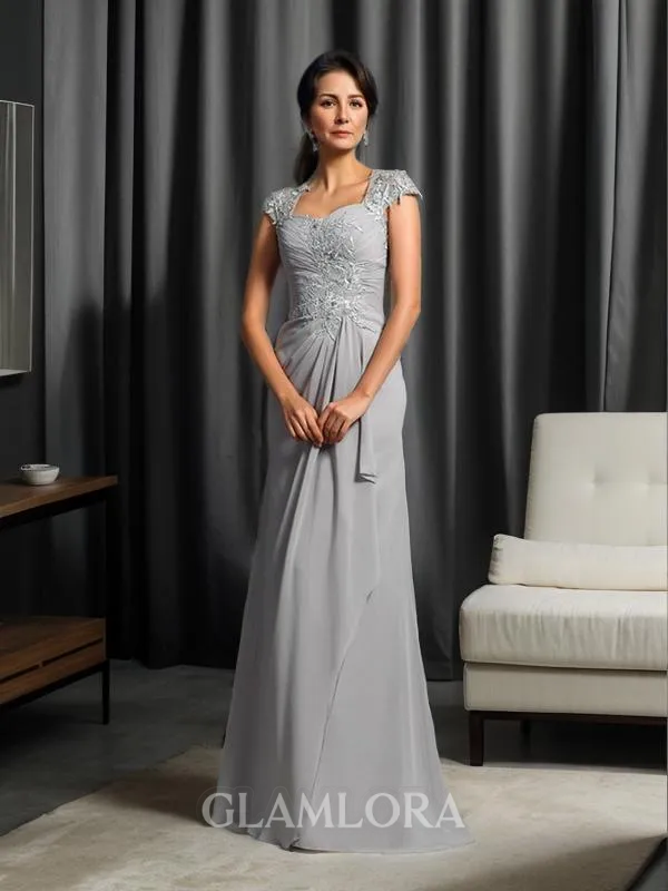 Sheath/Column Sweetheart Short Sleeves Sweep Train Graceful Chiffon Mother of the Bride Dress With Applique