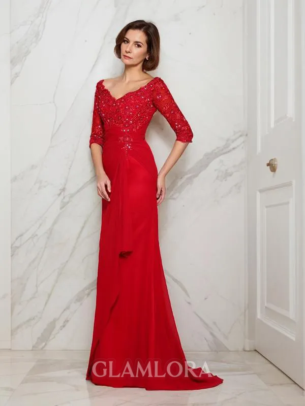 A-line V-Neck 1/2 Sleeves Sweep Train Regal Chiffon Mother of the Bride Dress With Beading