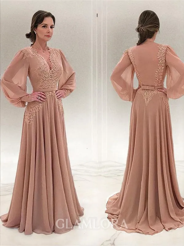 A-line V-Neck Long Sleeves Sweep Train Chiffon Stylish Mother of the Bride Dress