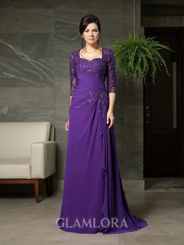 A-line Refined Sweetheart 1/2 Sleeves Floor-Length Chiffon Mother of the Bride Dress With Applique