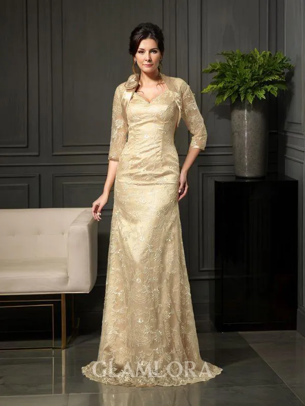 A-line V-Neck Chic Sleeveless Sweep Train Lace Mother of the Bride Dress With Lace