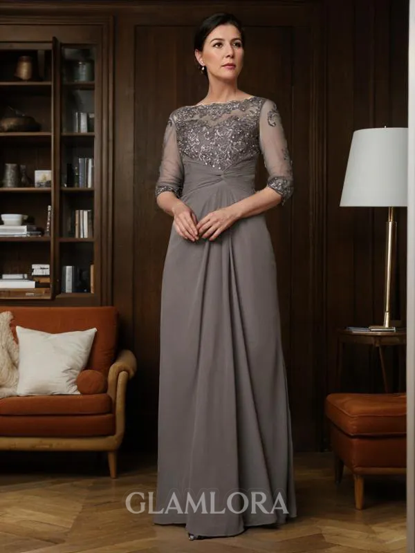 A-line Scoop 3/4 Sleeves Flattering Floor-Length Chiffon Mother of the Bride Dress