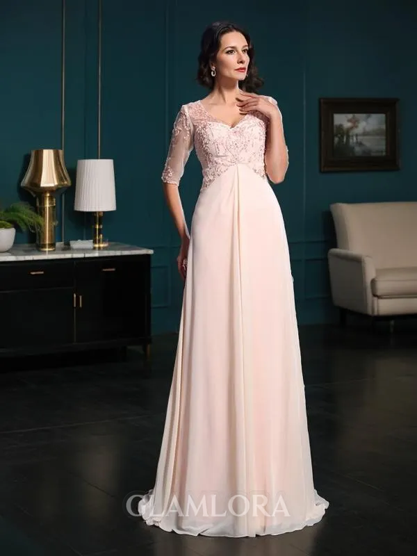 A-line V-Neck 1/2 Sleeves Floor-Length Timeless Chiffon Mother of the Bride Dress With Beading