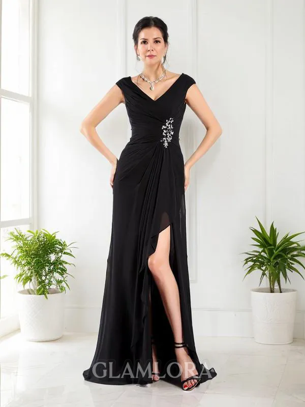 A-line V-Neck Sleeveless Sweep Train Glamorous Chiffon Mother of the Bride Dress With Ruffles