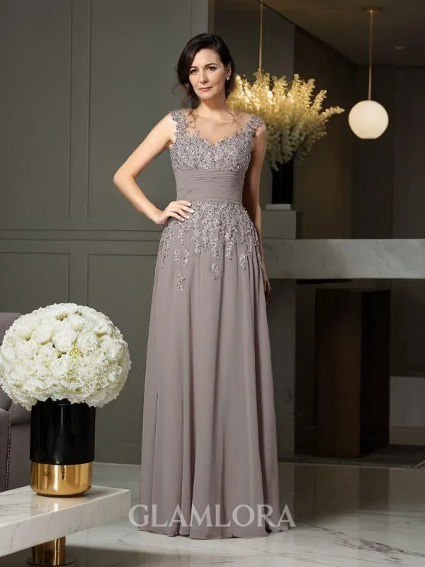 A-line Scoop Sleeveless Floor-Length Chiffon Understated Mother of the Bride Dress With Beading