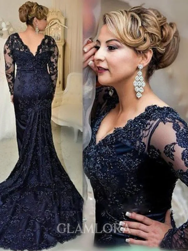 Tasteful Sheath/Column V-Neck Long Sleeves Chapel Train Lace Mother of the Bride Dress