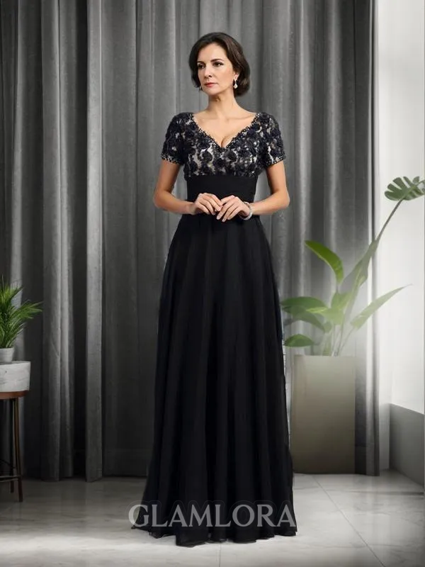 A-line Radiant V-Neck Short Sleeves Floor-Length Chiffon Mother of the Bride Dress