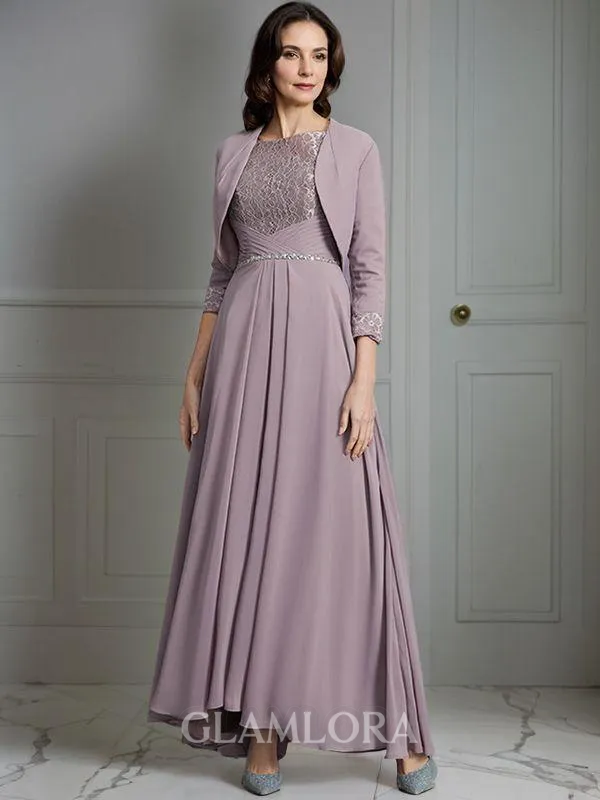A-line Scoop 1/2 Sleeves Asymmetrical Stunning Chiffon Mother of the Bride Dress