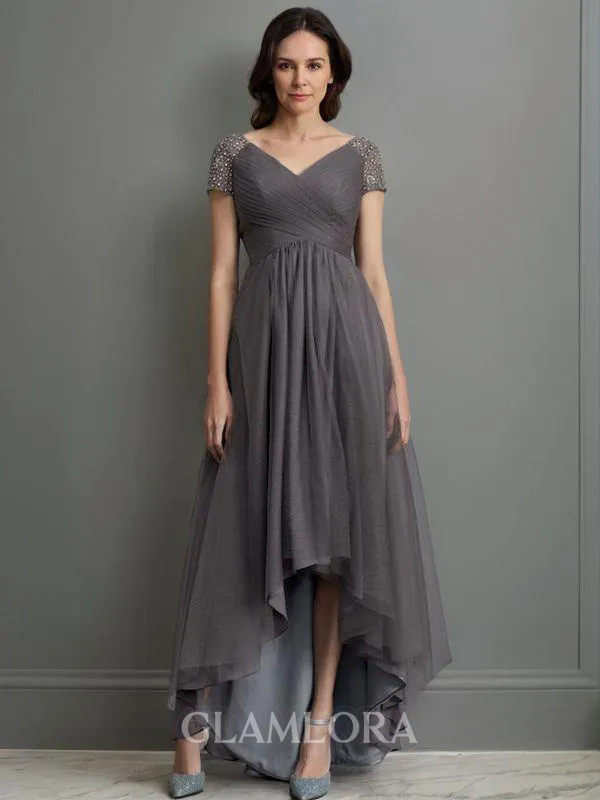 A-line V-Neck Short Sleeves Asymmetrical Tulle Polished Mother of the Bride Dress