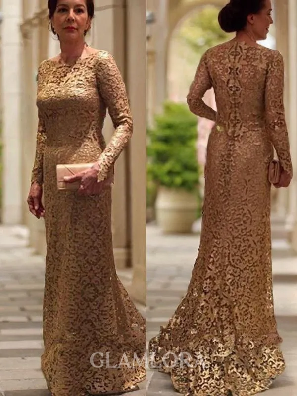 Sheath/Column Immaculate Scoop Long Sleeves Sweep Train Lace Mother of the Bride Dress