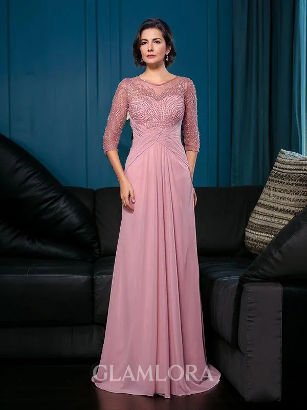 A-line Scoop Charming 3/4 Sleeves Sweep Train Chiffon Mother of the Bride Dress With Beading