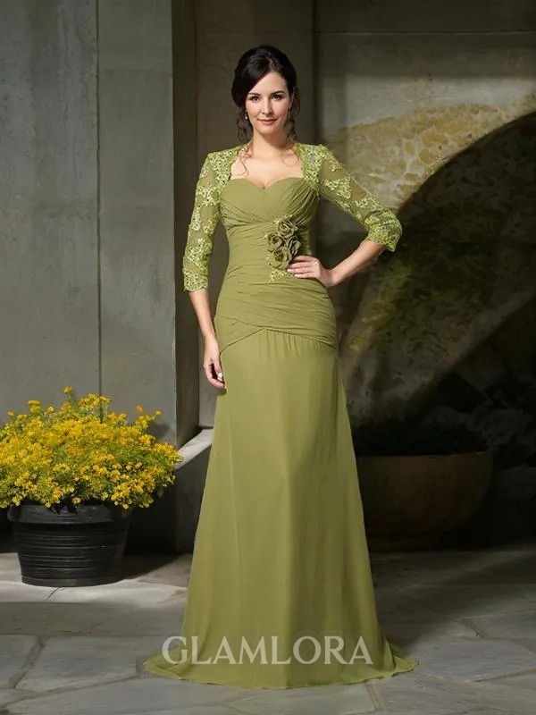 A-line Sweetheart 1/2 Sleeves Floor-Length Statuesque Chiffon Mother of the Bride Dress With Hand-Made Flower