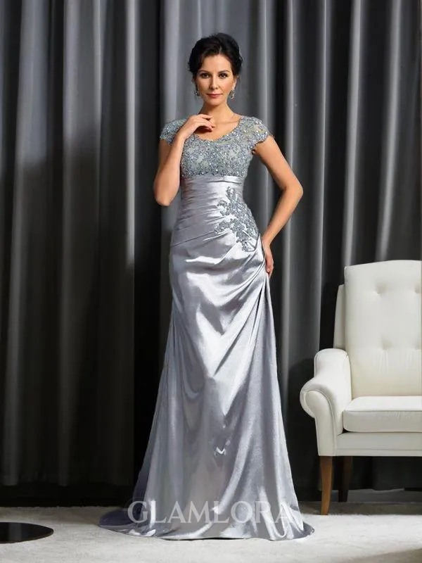 Tasteful Trumpet/Mermaid Scoop Short Sleeves Sweep Train Silk like Satin Mother of the Bride Dress With Beading
