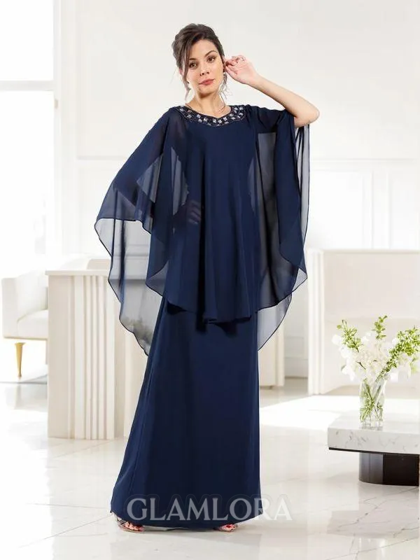A-line Gorgeous Scoop 3/4 Sleeves Floor-Length Chiffon Mother of the Bride Dress
