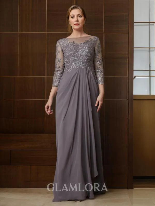 A-line Scoop 3/4 Sleeves Floor-Length Sophisticated Chiffon Mother of the Bride Dress