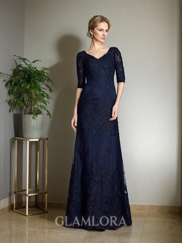 Sheath/Column V-Neck 1/2 Sleeves Floor-Length Graceful Satin Mother of the Bride Dress With Applique