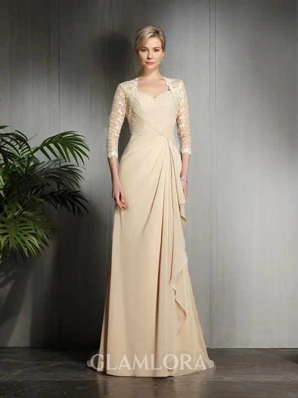 Stylish A-line Sweetheart 3/4 Sleeves Sweep Train Chiffon Mother of the Bride Dress With Lace