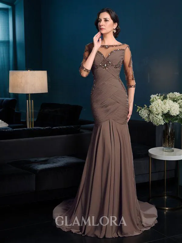 Sheath/Column Scoop Refined 3/4 Sleeves Court Train Chiffon Mother of the Bride Dress With Beading