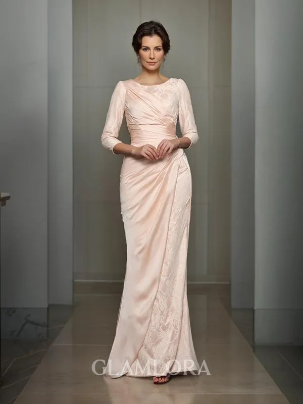 Trumpet/Mermaid Bateau 3/4 Sleeves Sweep Train Flattering Satin Chiffon Mother of the Bride Dress With Lace