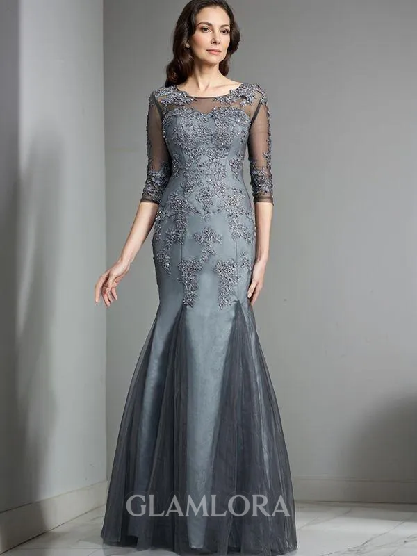 Sheath/Column Scoop 1/2 Sleeves Floor-Length Tulle Glamorous Mother of the Bride Dress With Applique