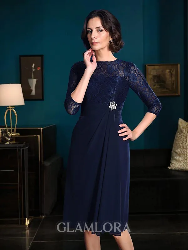 A-line Tasteful Jewel 3/4 Sleeves Knee-Length Chiffon Mother of the Bride Dress With Lace