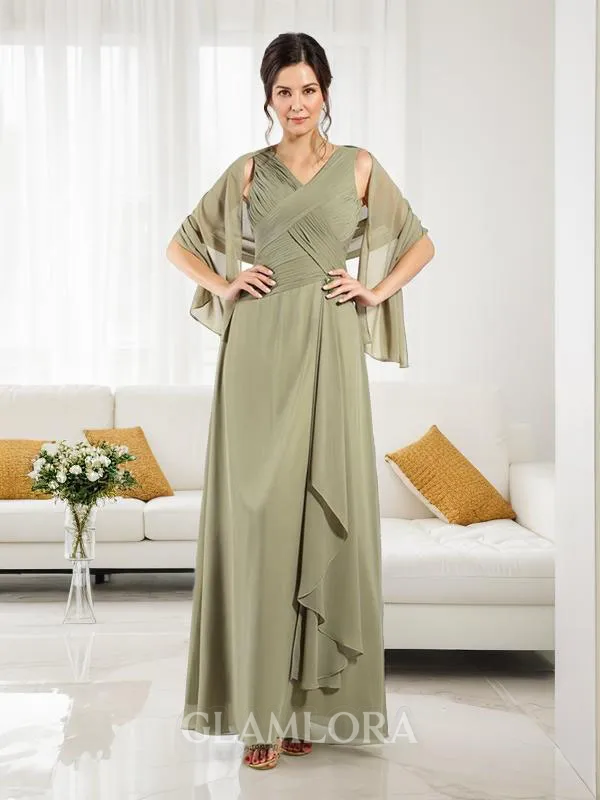 A-line V-Neck Sleeveless Resplendent Floor-Length Chiffon Mother of the Bride Dress With Pleats