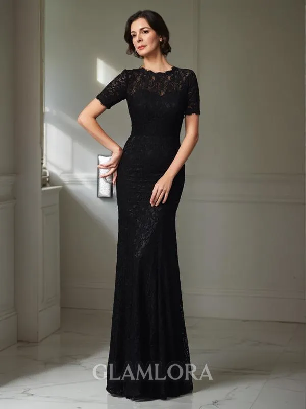 Polished Sheath/Column Jewel Short Sleeves Floor-Length Silk like Satin Mother of the Bride Dress With Lace