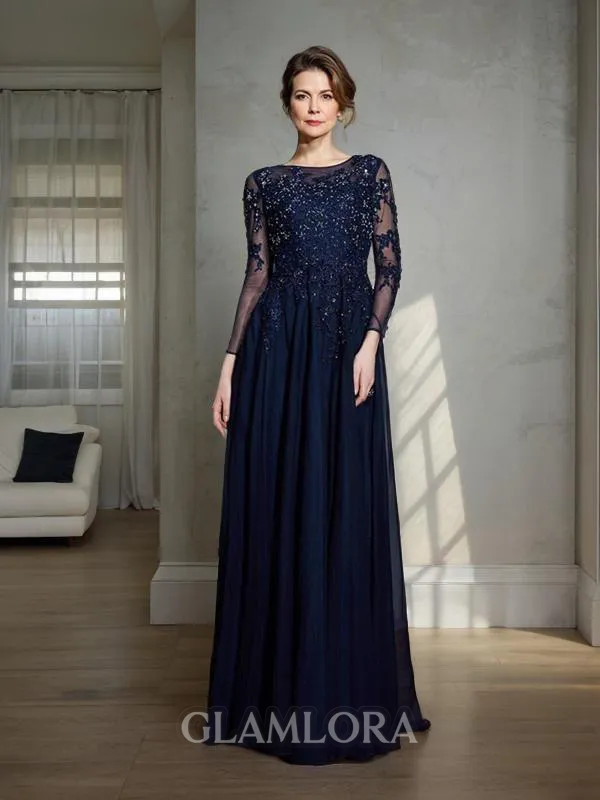 A-line Modest Scoop 3/4 Sleeves Floor-Length Chiffon Mother of the Bride Dress With Applique