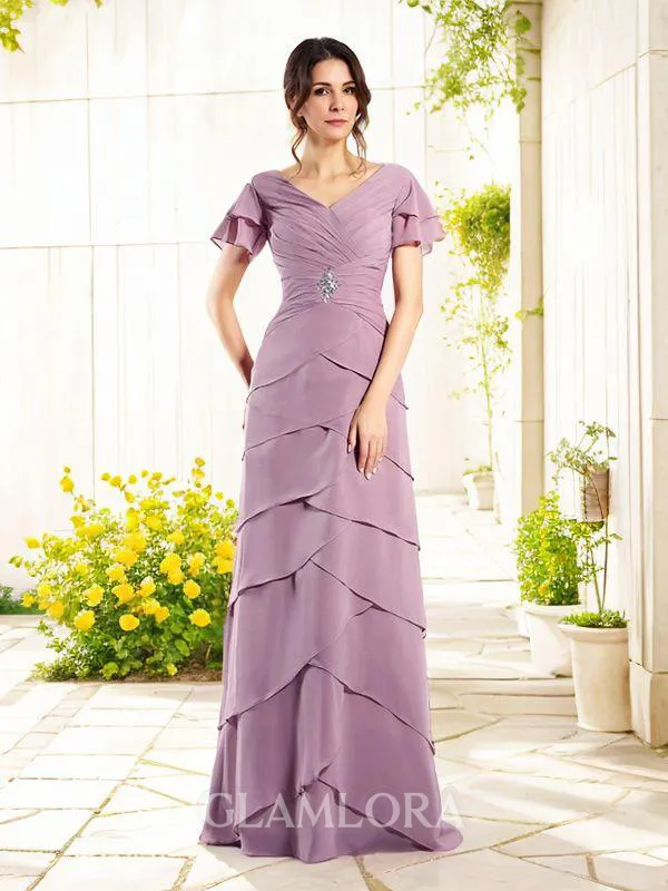 Sheath/Column V-Neck Immaculate Short Sleeves Floor-Length Chiffon Mother of the Bride Dress
