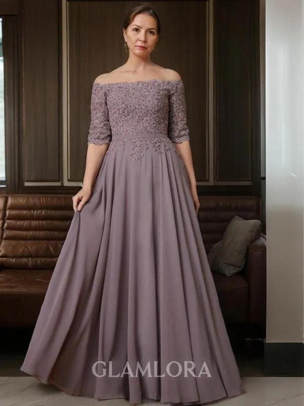 A-line Off-the-Shoulder 3/4 Sleeves Floor-Length Noble Chiffon Mother of the Bride Dress