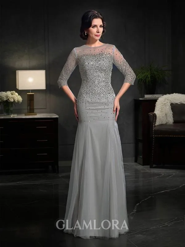Sheath/Column Scoop 3/4 Sleeves Floor-Length Tulle Rhythmic Mother of the Bride Dress With Beading