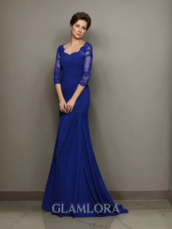 Trumpet/Mermaid Tasteful Sweetheart 3/4 Sleeves Sweep Train Chiffon Mother of the Bride Dress With Ruched