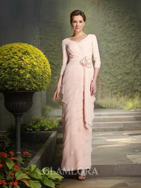 Sheath/Column V-Neck 3/4 Sleeves Floor-Length Elegant Chiffon Mother of the Bride Dress With Hand-Made Flower