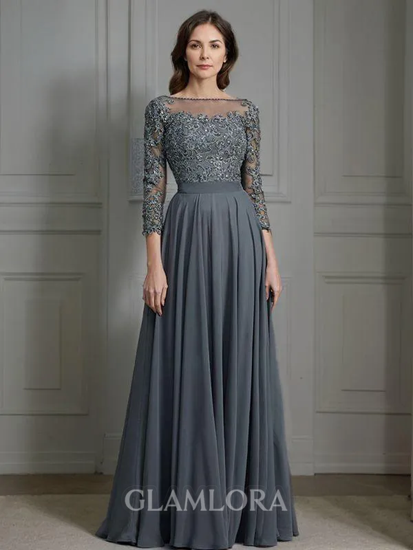 A-line Bateau 3/4 Sleeves Floor-Length Chiffon Graceful Mother of the Bride Dress